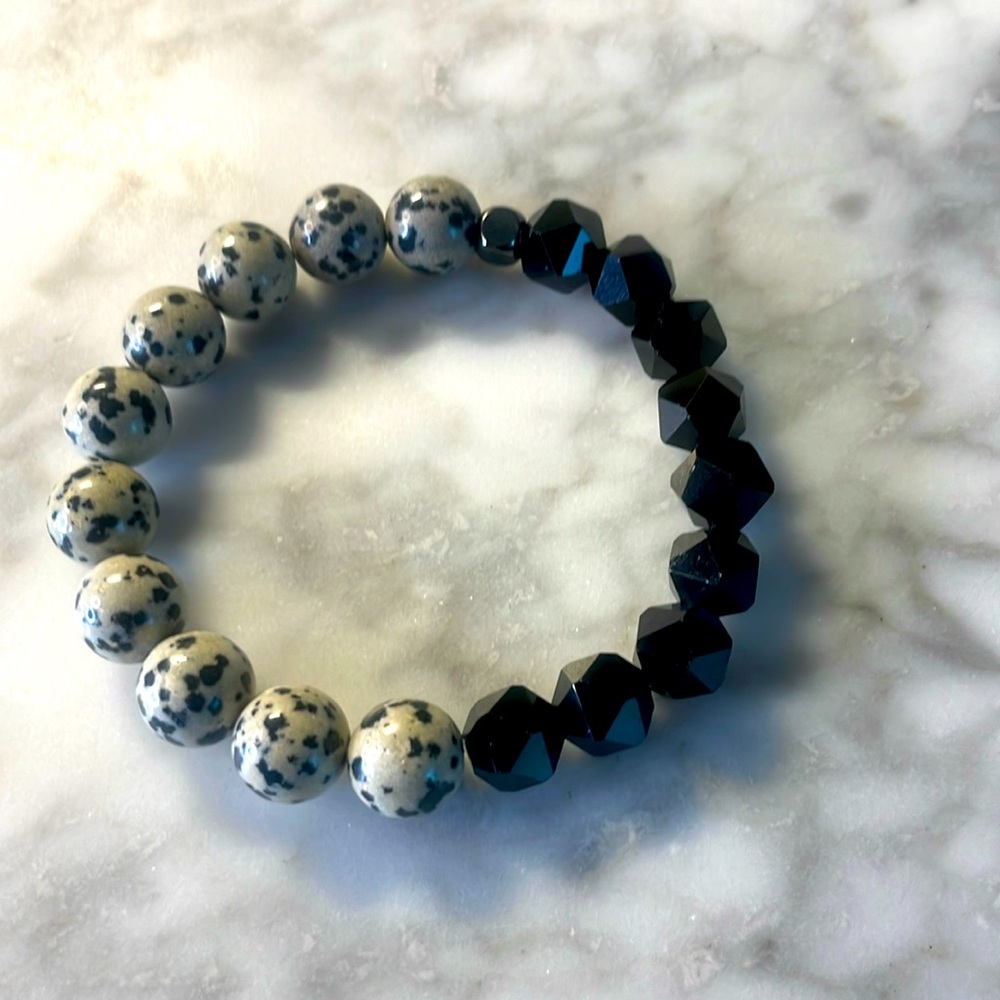 Dalmatian Jasper & black onyx half and half bracelet 7”